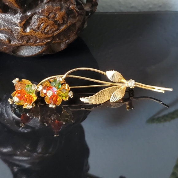 Vintage goldtone wire flowers green orange aurora borealis beads and rhinestone - Picture 2 of 10